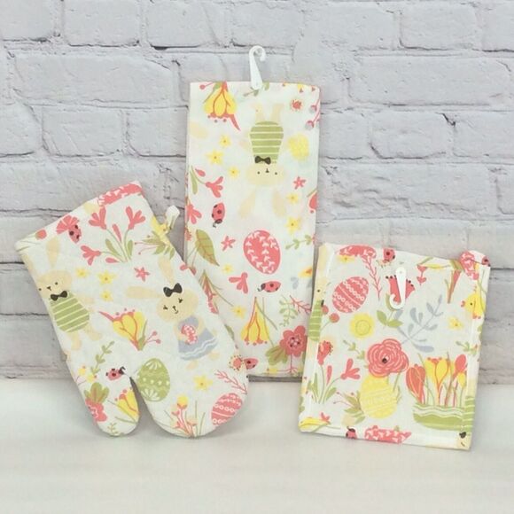 🌷Happy Easter🌷 3 Pc Kitchen Set Spring Pastel Dish Towel/Pot Holder/Oven Mitt - Picture 11 of 11